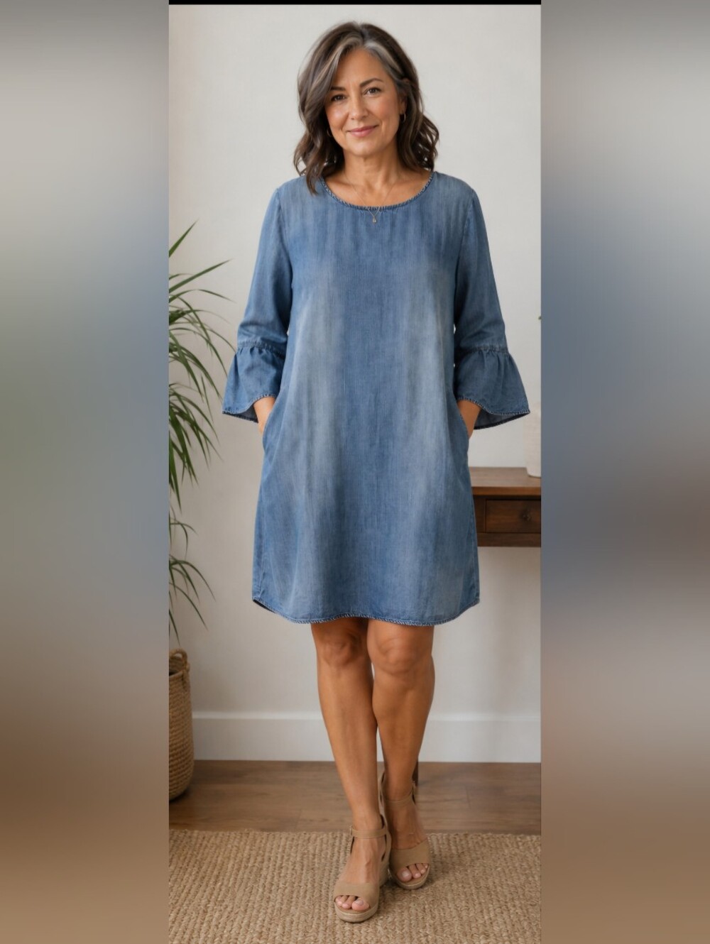 Anthropologie Cloth & Stone Chambray Bell Sleeve Blue Dress Size Large